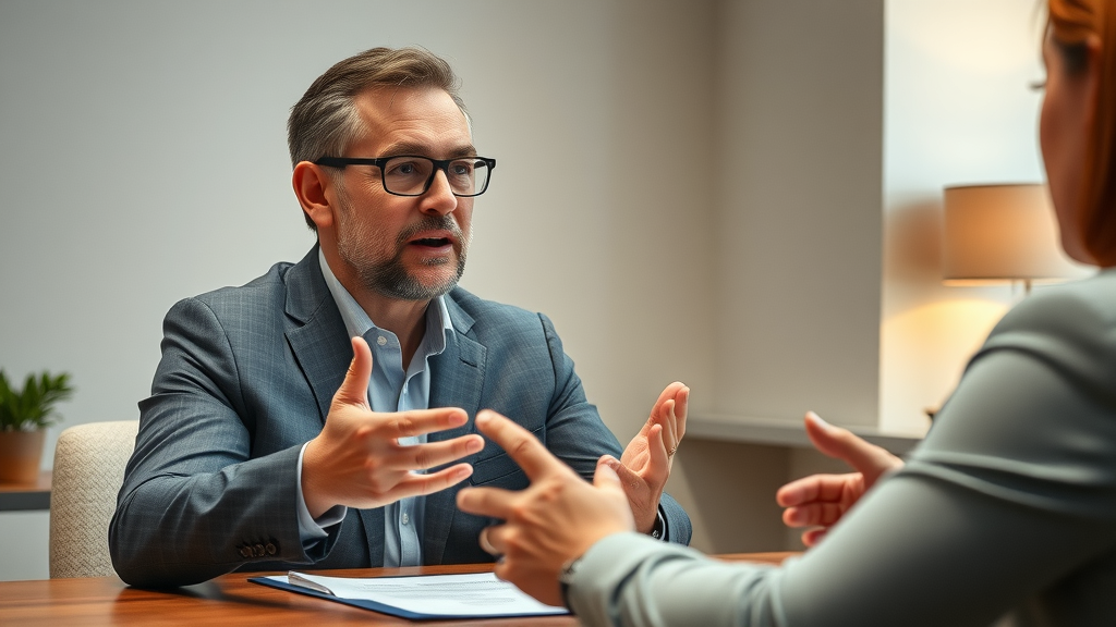 Confident claimant assertively communicating with an insurance adjuster, maximizing insurance claim settlements, in office negotiation setting