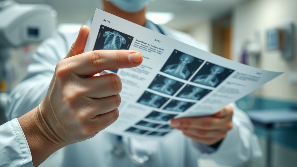 Hands holding medical records and pointing to x-rays, maximizing insurance claim settlements, clinical environment