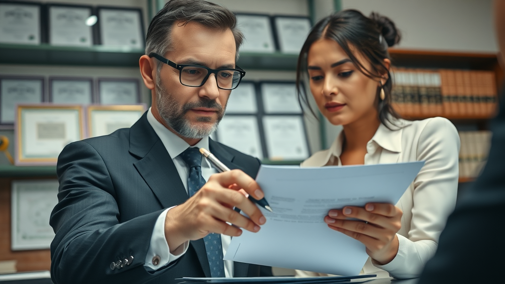 Professional attorney consulting over legal documents, maximizing insurance claim settlements, in modern law office