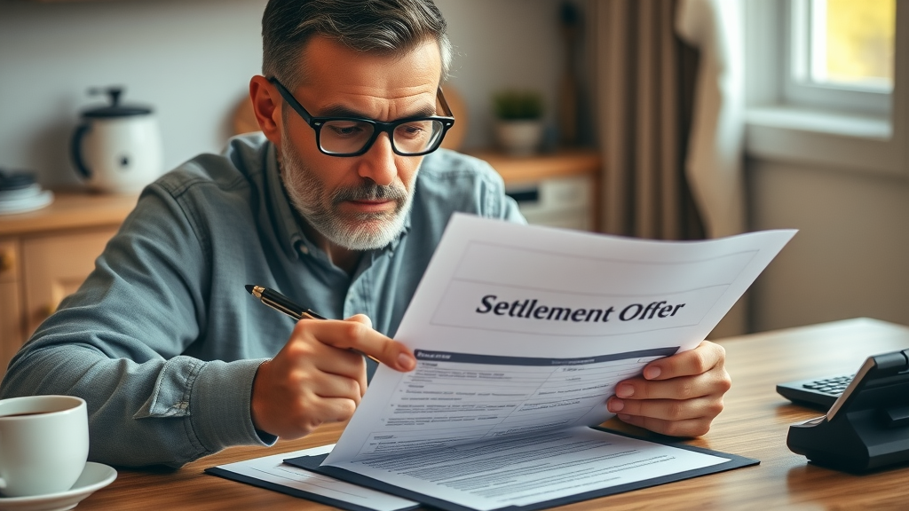 Policyholder reviewing and counteroffering settlement offer, maximizing insurance claim settlements, at home with calculator and notes