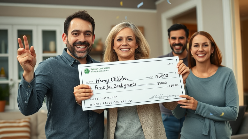 Triumphant policyholder showing settlement check to happy family, maximizing insurance claim settlements, celebration at home
