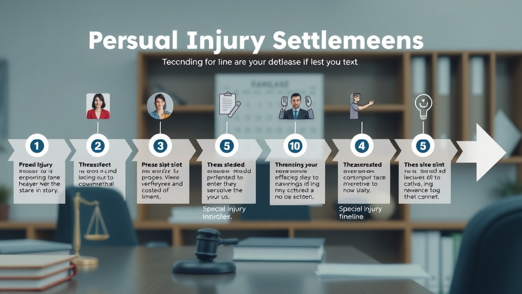 Informative infographic illustrating the personal injury settlement process timeline, step-by-step visual in a law office setting with books, calendar, and timeline arrows.
