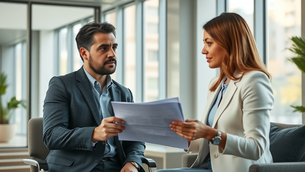 Concerned injury victim meeting an attentive personal injury lawyer to discuss documents in a modern office, illustrating the start of an injury claim investigation.