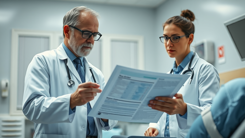 Focused doctor reviewing medical chart alongside injury attorney in a hospital setting, emphasizing teamwork in documenting medical evidence for a personal injury lawsuit.