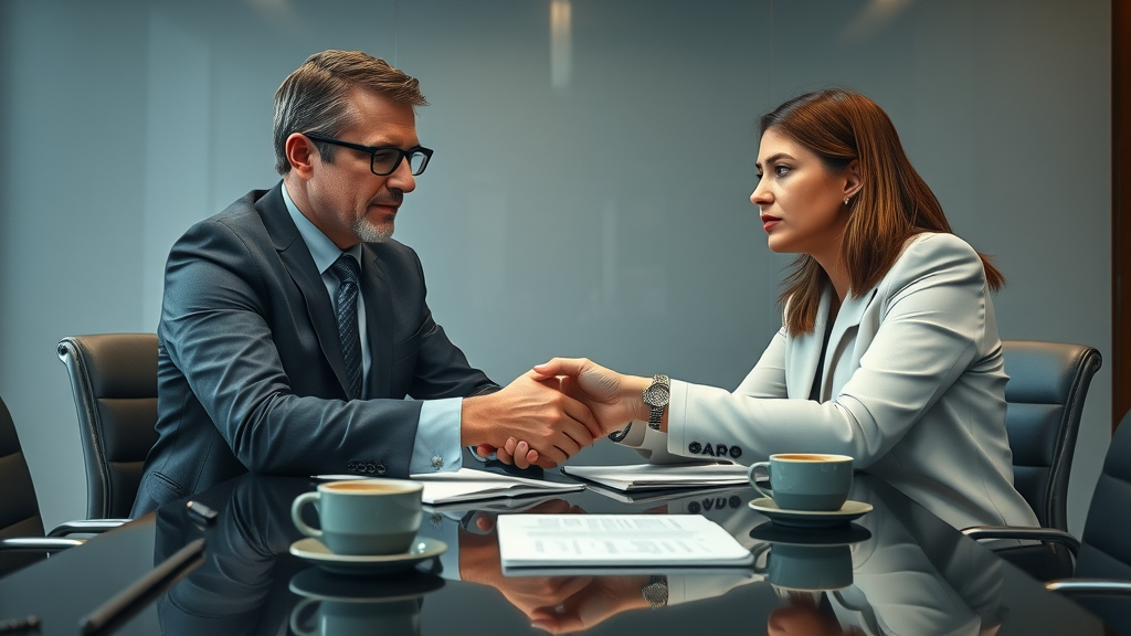Serious negotiation scene between injury attorney and insurance adjuster reviewing offer documents, highlighting the critical moment of reaching a fair injury settlement.