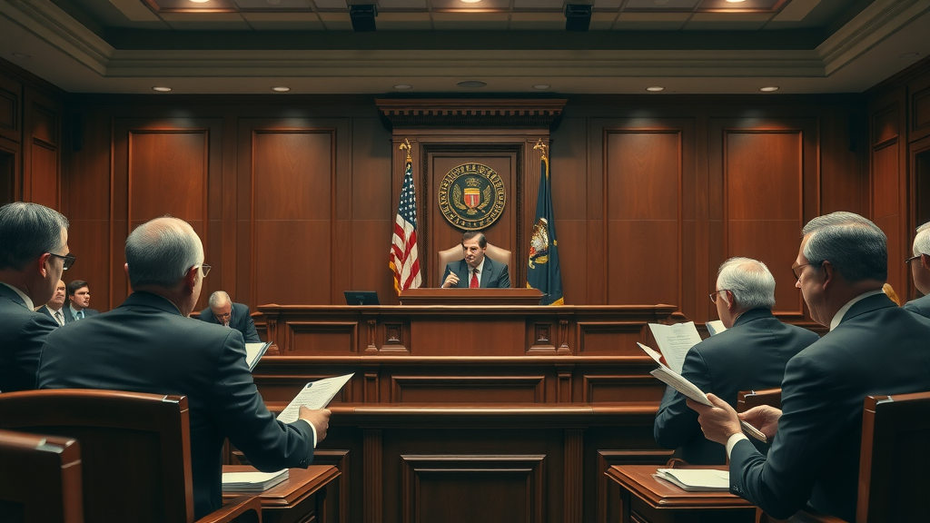 Solemn courtroom scene with judge presiding over a personal injury trial, emphasizing the milestones between filing and verdict in the lawsuit timeline.