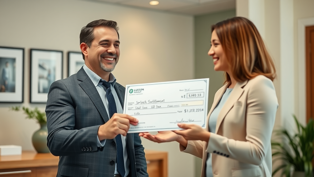 Confident individual receiving a settlement check from a smiling attorney, symbolizing relief and a successful outcome after the injury settlement process.