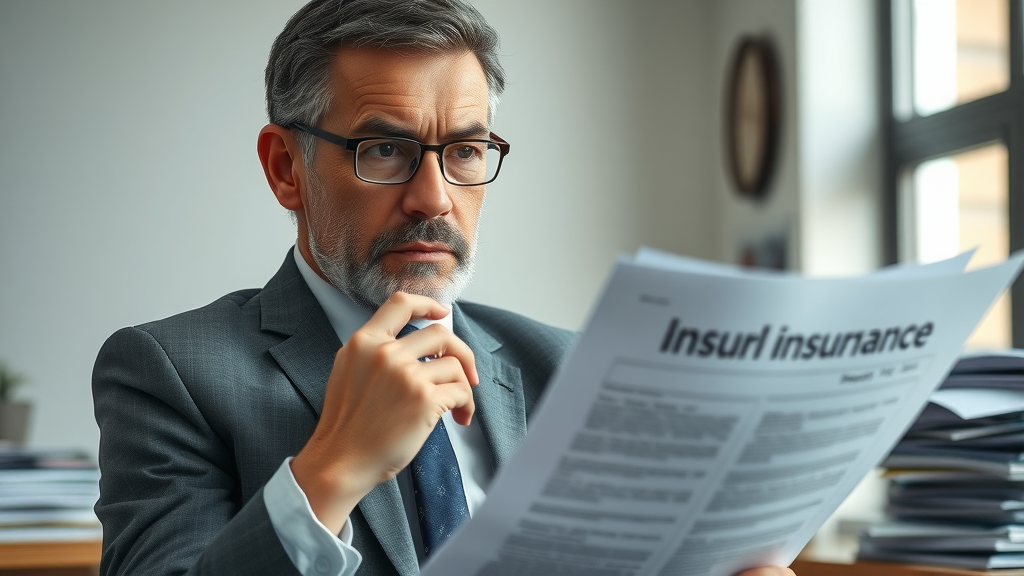 Concerned policyholder reviewing insurance documents in a professional office setting with stacks of paperwork. Common challenges in insurance negotiation visualized.