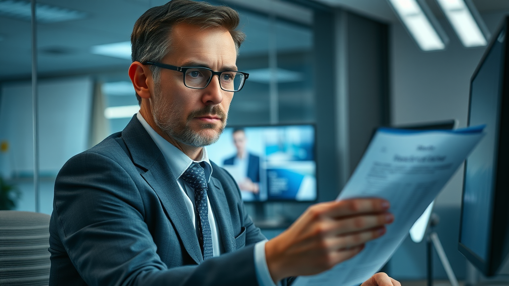 Professional insurance adjuster reviewing a claim on a computer in a modern office—insurance adjusters evaluating insurance negotiation challenges.