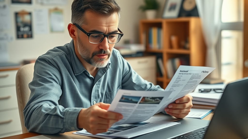 Meticulous claimant organizing claim evidence and arranging insurance documents for settlement negotiation. Insurance claim documentation visual.