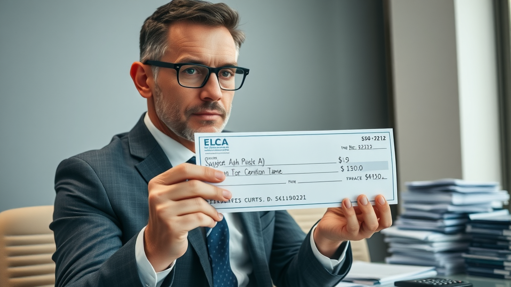 Analytical insurance adjuster offering a settlement check during negotiation with legal documents. Insurance negotiation strategy visual.