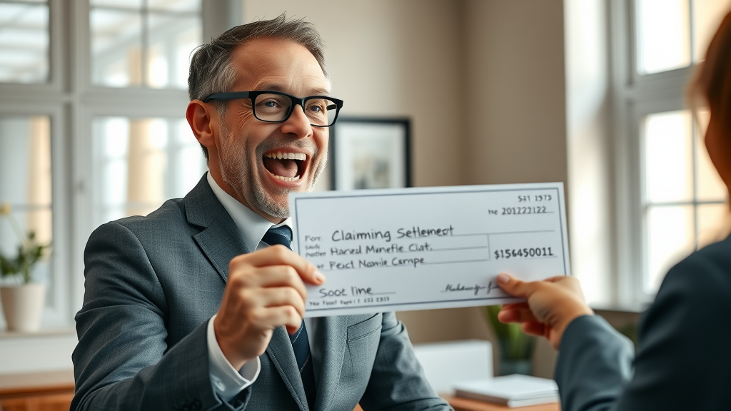 Victorious claimant receiving settlement check after successful insurance negotiation. Insurance settlement success visual.