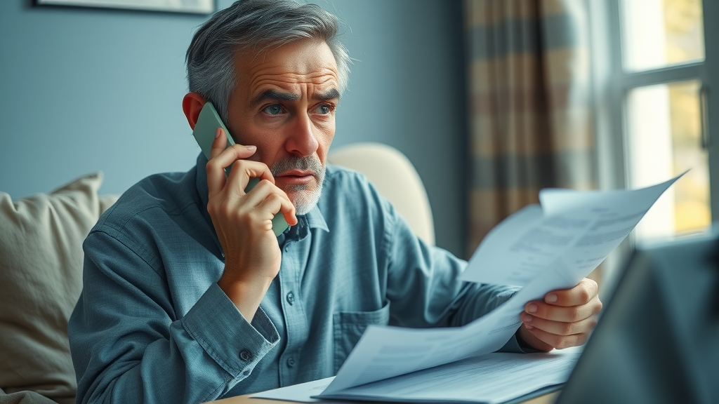 Frustrated patient making a phone call to health insurance company about confusing medical bills and insurance negotiation.
