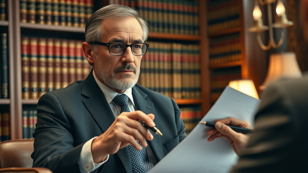 Experienced attorney advising client on insurance negotiation in a classic law office. Legal counsel support.
