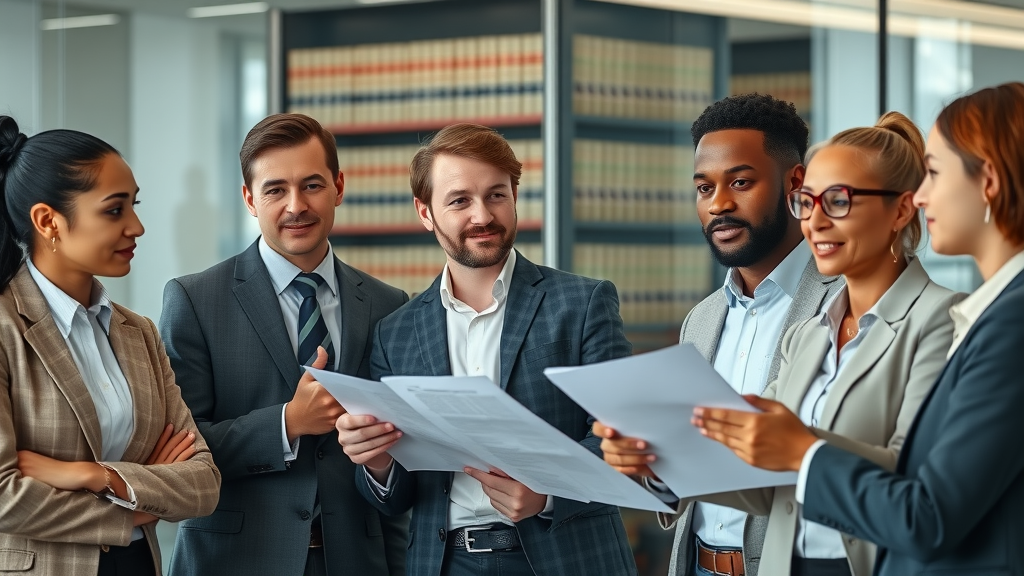 diverse group discussing steps in personal injury settlement in modern law office