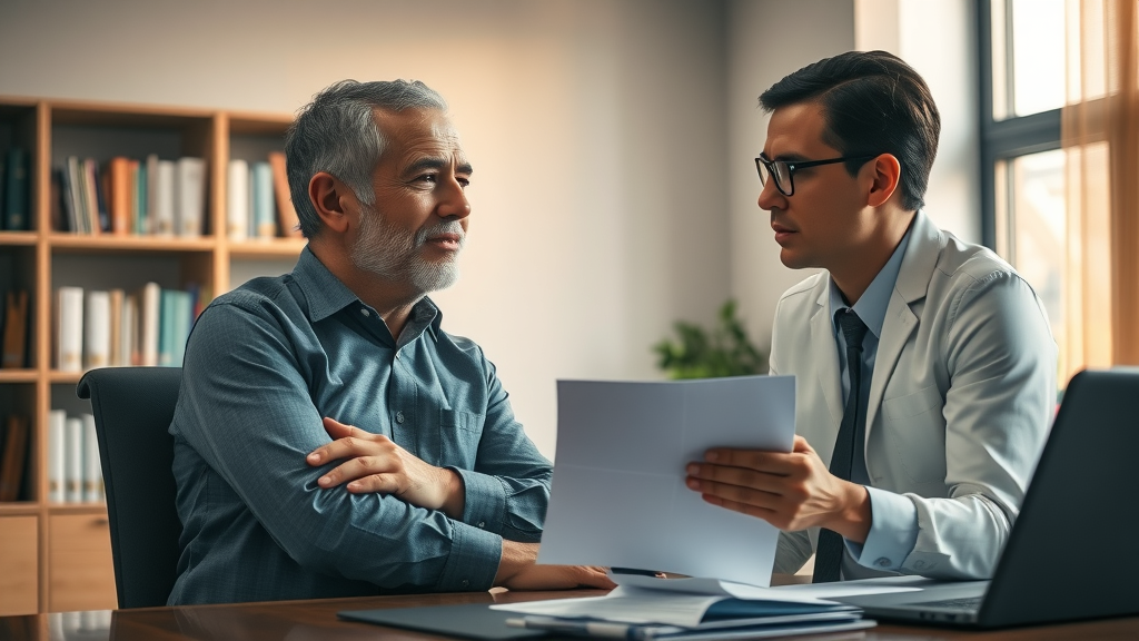 personal injury lawyer in office discussing injury case with client