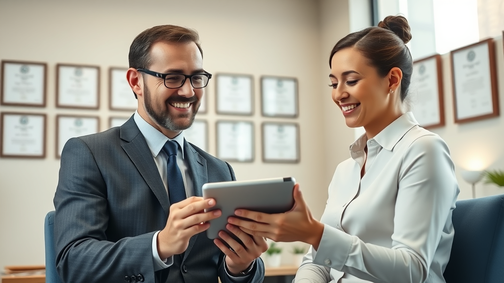 experienced personal injury lawyer with client smiling in modern law office