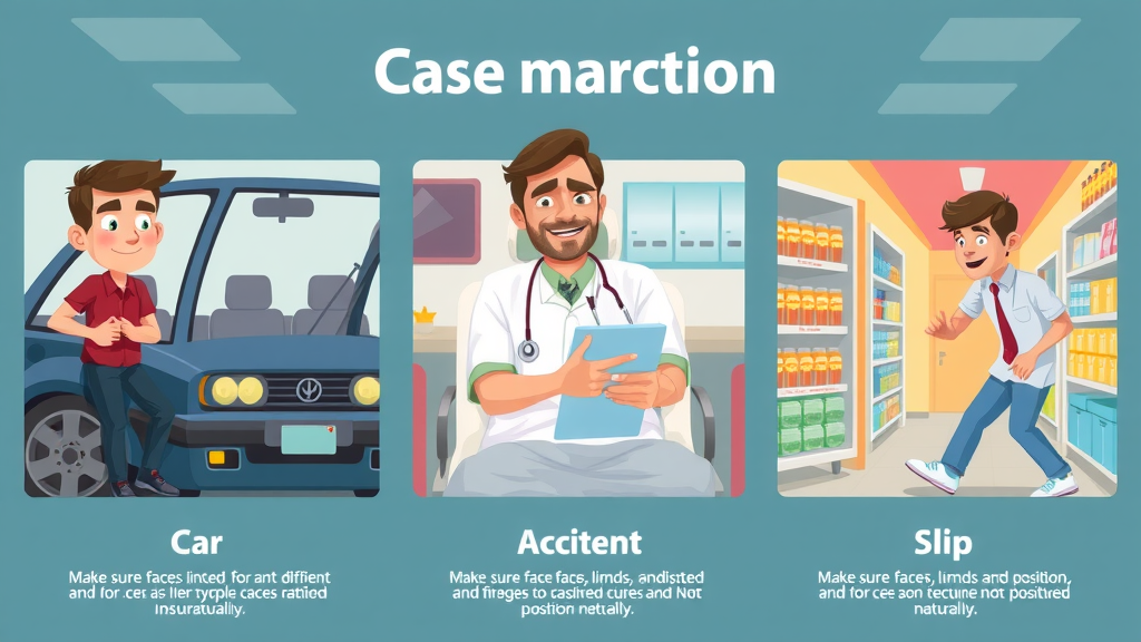 types of personal injury cases illustration: car accident, hospital patient, slip and fall comparison