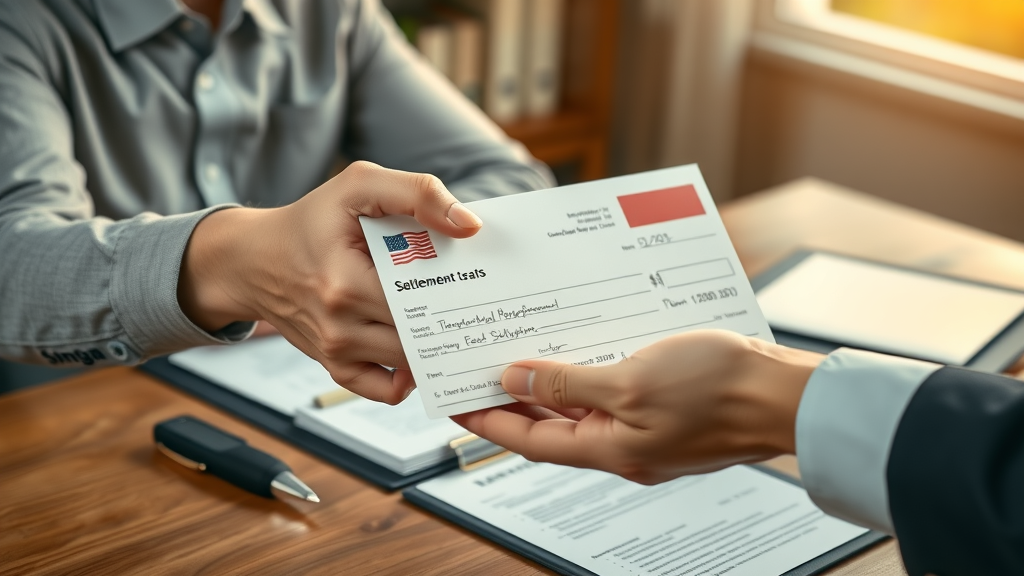 injured client receives settlement check from personal injury lawyer