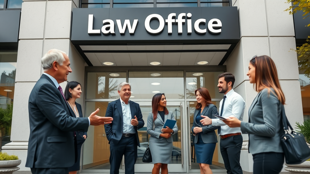 Professional Bellevue law office exterior for Bellevue personal injury law with welcoming staff, modern building, clear Law Office sign, natural daylight, and friendly environment
