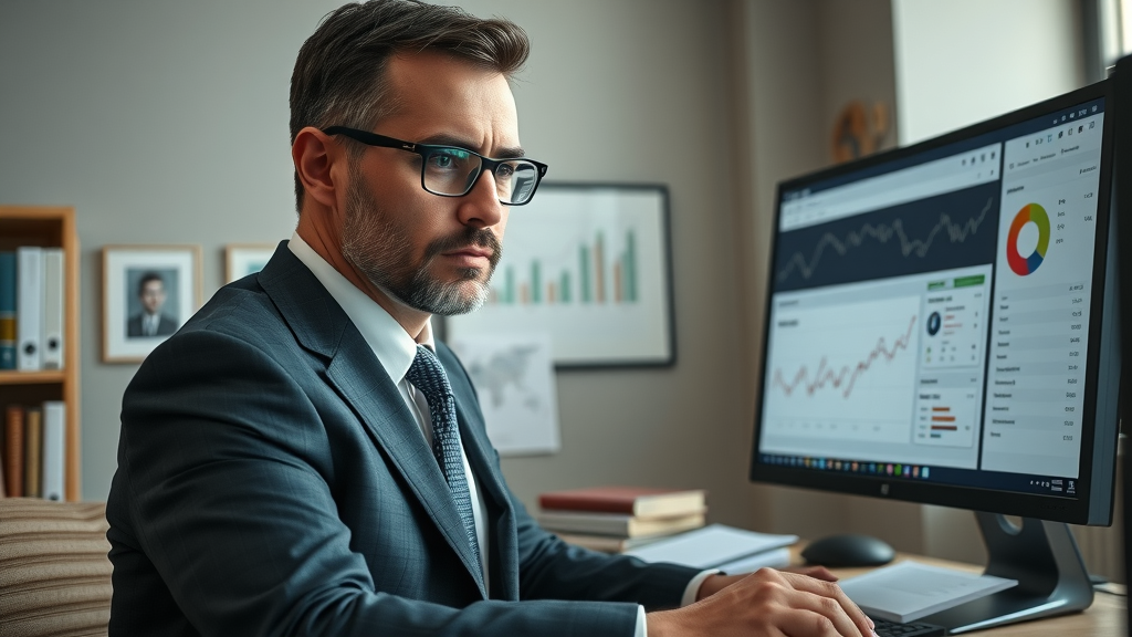 Legal professional in Bellevue focused on personal injury law, examining website analytics and Google rankings on a detailed analytics dashboard