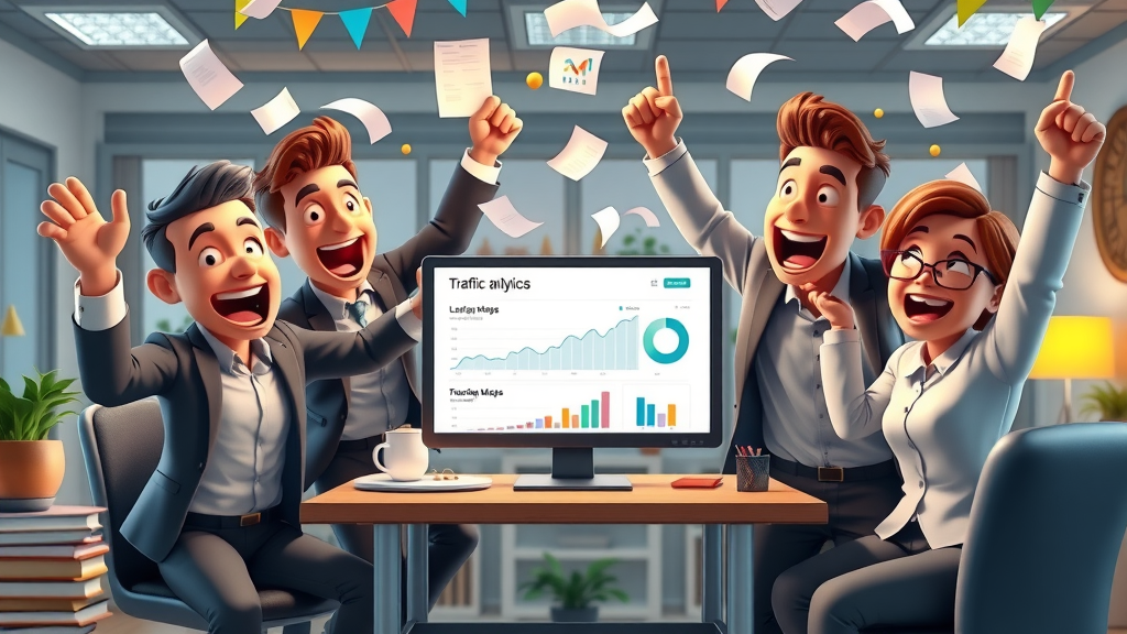 Joyful Bellevue personal injury legal team celebrating around computer showing 400% website traffic growth