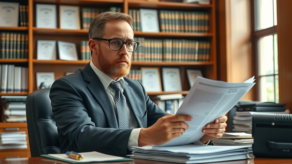 personal injury law attorney reviewing case files in legal office