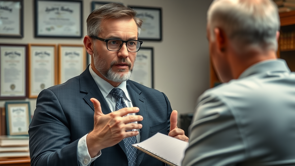 personal injury lawyer explaining injury legal process to client in office