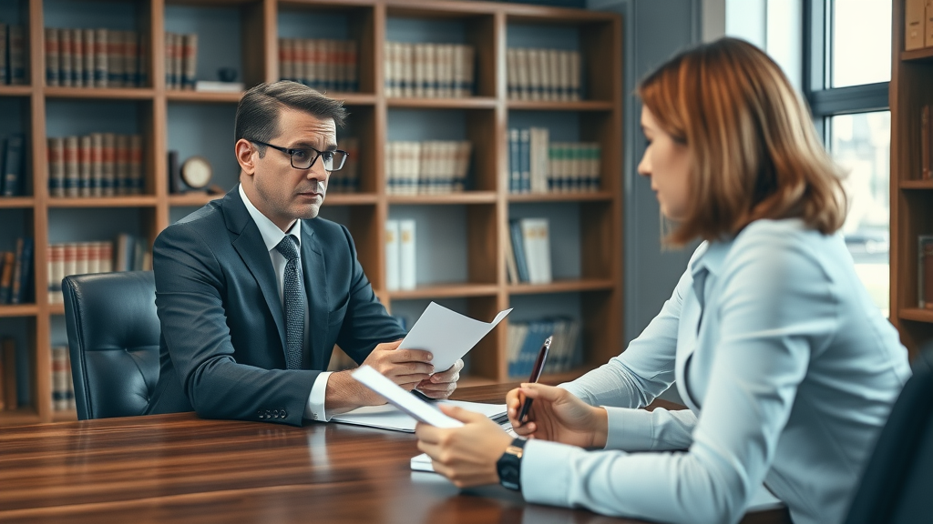personal injury lawyer consulting with client in modern law office, discussing personal injury case stages across a desk, neutral daylight