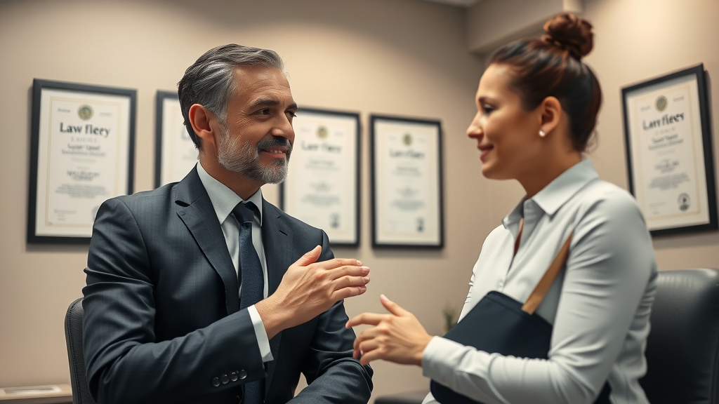 attentive personal injury lawyer listens to injured client with arm in sling during first consultation, illustrating crucial start to injury case