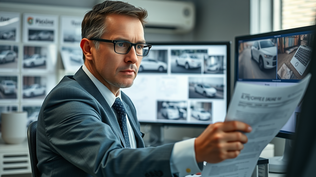 paralegal at law firm analyzes accident scene evidence on screens, essential stage in personal injury case investigation