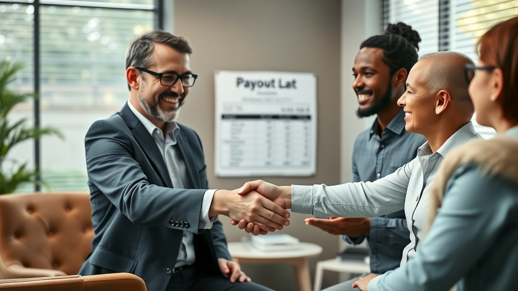 relieved clients shake hands with personal injury lawyer after reviewing payout estimates—highlighting average settlements in injury cases