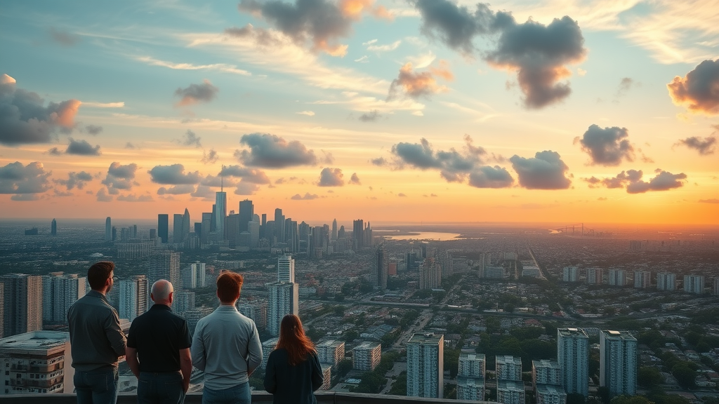 Modern city skyline at sunset illustrating human settlement patterns from urban blocks to suburbs, factors affecting settlement duration