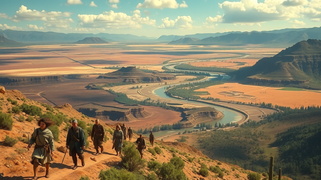 Panoramic landscape displaying climate zones impacting human settlement, with settlers navigating diverse terrain as a visual metaphor for environmental factors affecting settlement duration