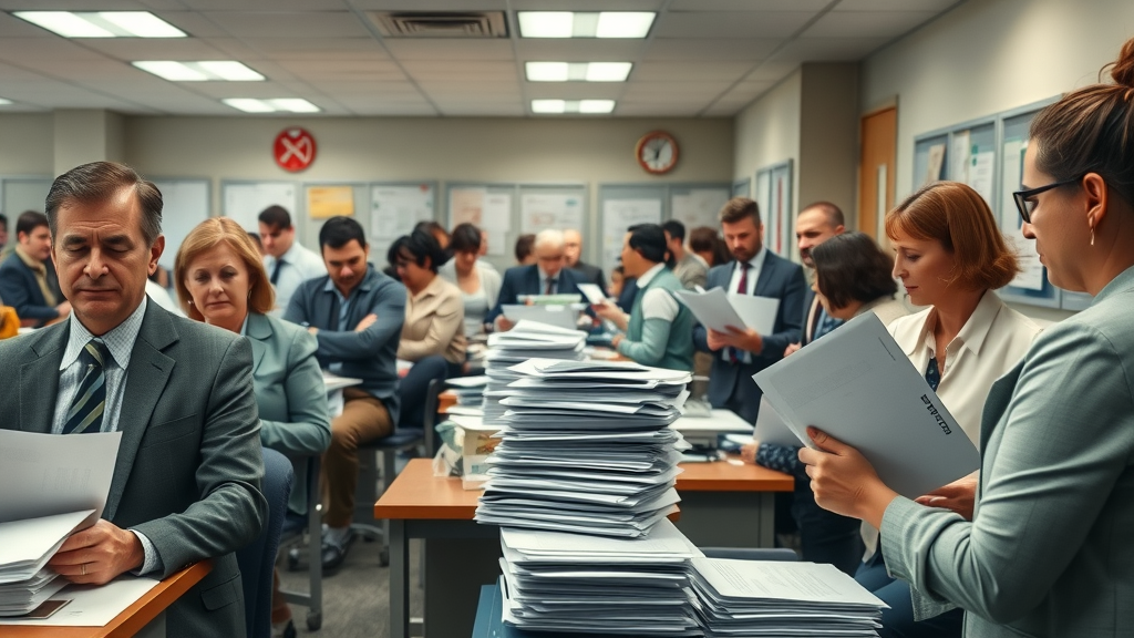 Government office with people waiting, paperwork being stamped showing administrative and policy factors affecting settlement duration