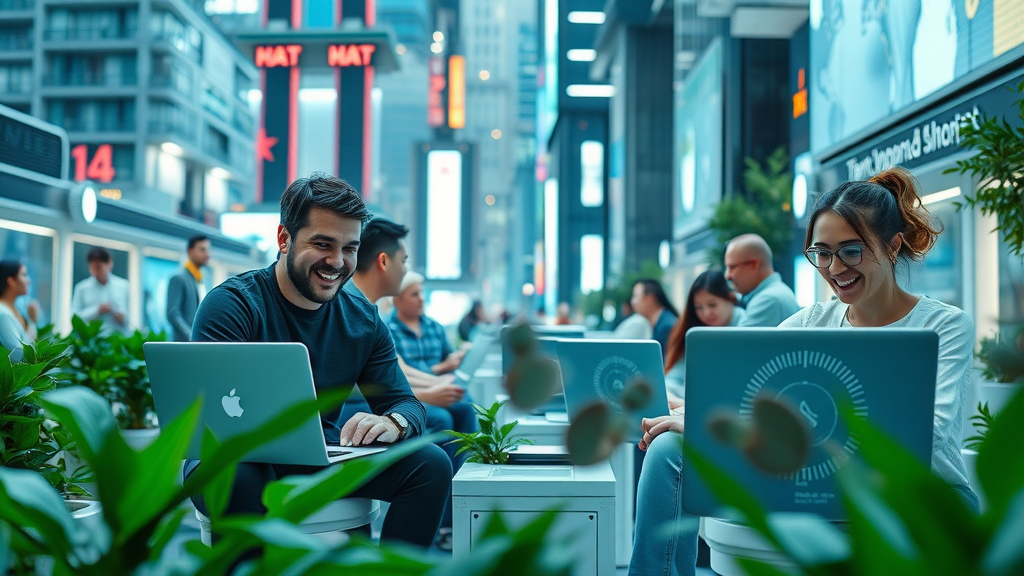 Futuristic smart city where factors affecting settlement duration are influenced by remote work, digital platforms, and green communal spaces