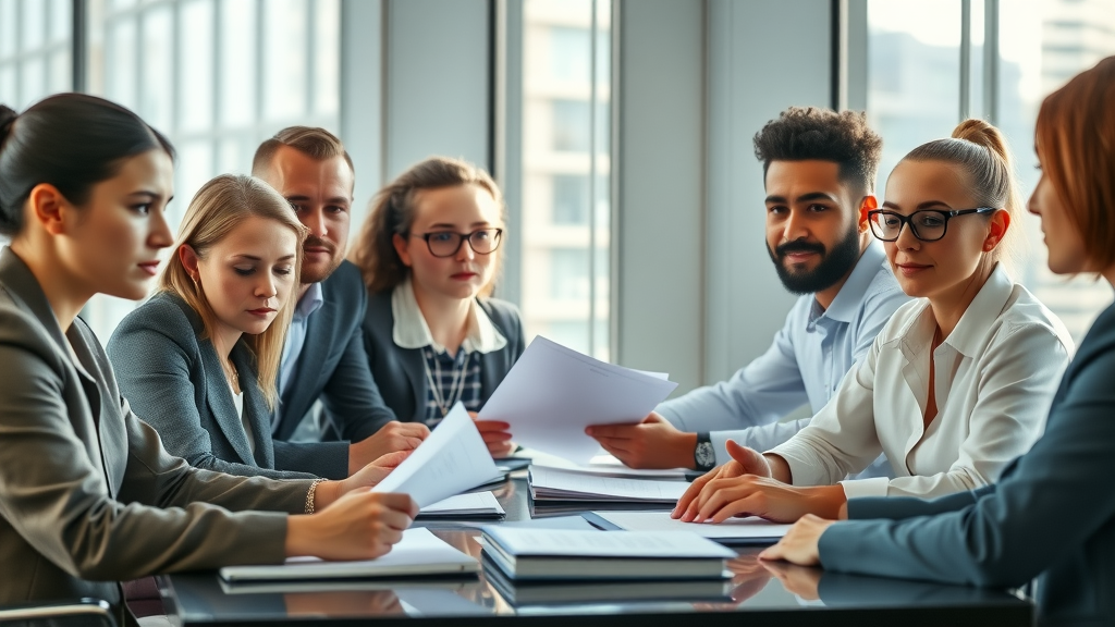 Diverse people discussing personal injury compensation in a modern law office with legal files and sunlight