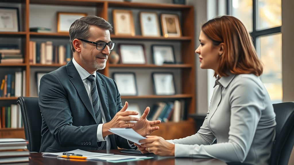 Professional personal injury lawyer consulting a client about an injury case in a welcoming legal office