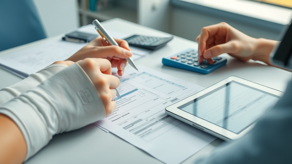 Close-up of hands with a cast filling out injury forms and calculating expenses for personal injury case