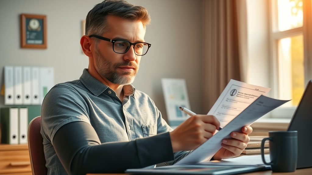 Hopeful injured individual reviewing medical and legal records for personal injury compensation at home