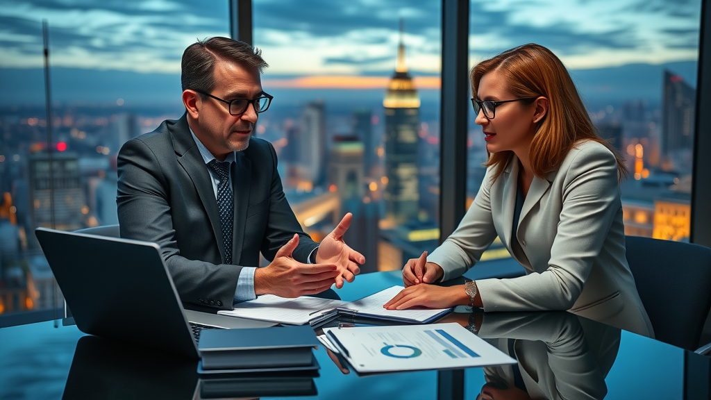 Personal injury lawyer and insurance adjuster negotiating settlement in a city office overlooking skyline at dusk
