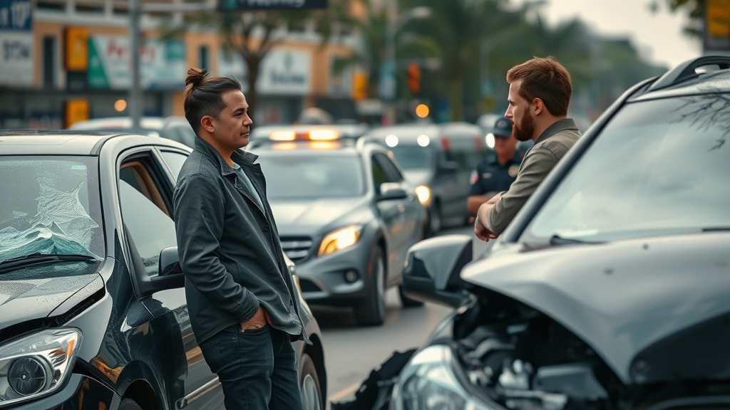 Car accident compensation aftermath with concerned individuals talking after a car accident on a busy street with police in the background