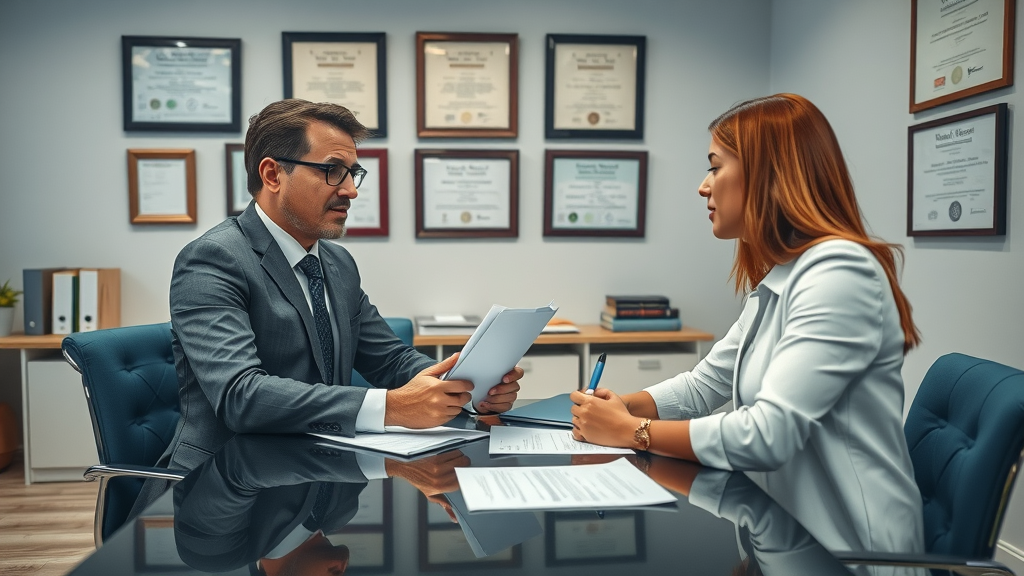 Car accident compensation legal consultation attorney and client discussing accident case details in a modern law office