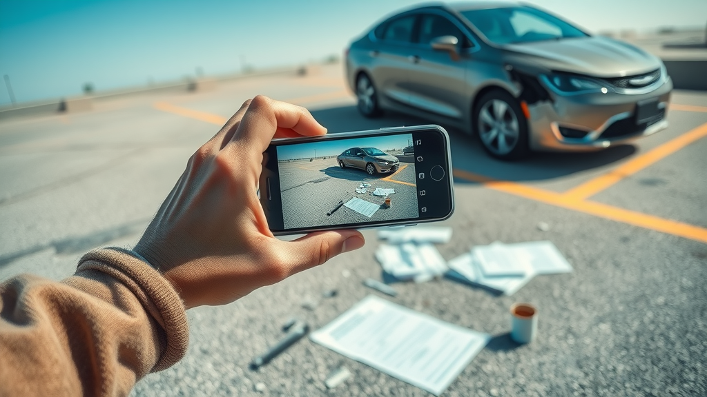 Car accident compensation evidence gathering person photographing damaged vehicle and documents in a parking lot