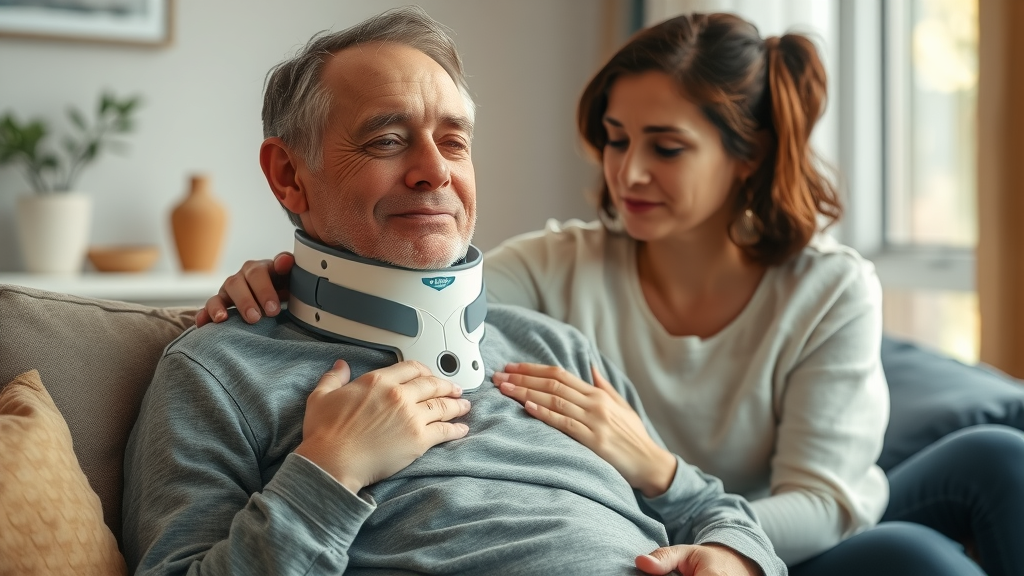 Car accident compensation for pain and suffering patient in neck brace comforted by family at home
