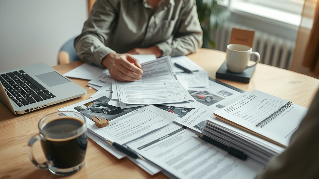 Organizing car accident compensation documentation, medical bills, and receipts in a home office