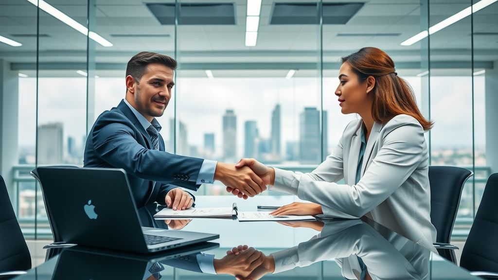 Car accident compensation negotiation between claimant and insurance company adjuster handshake in modern office