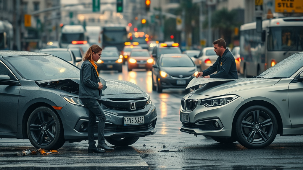 Aftermath of a car accident for car accident compensation claims — concerned people evaluating two damaged cars, photorealistic urban scene, busy street, police lights, and rain-soaked pavement