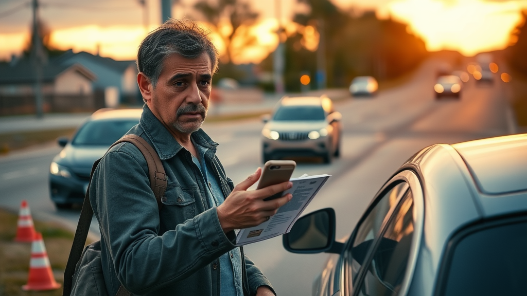 Victim documenting car accident for compensation claim: exchanging insurance info and photographing damage, realistic roadside image