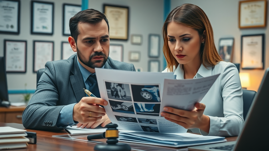 Accident attorney and injury victim reviewing medical evidence for car accident compensation claim in law office